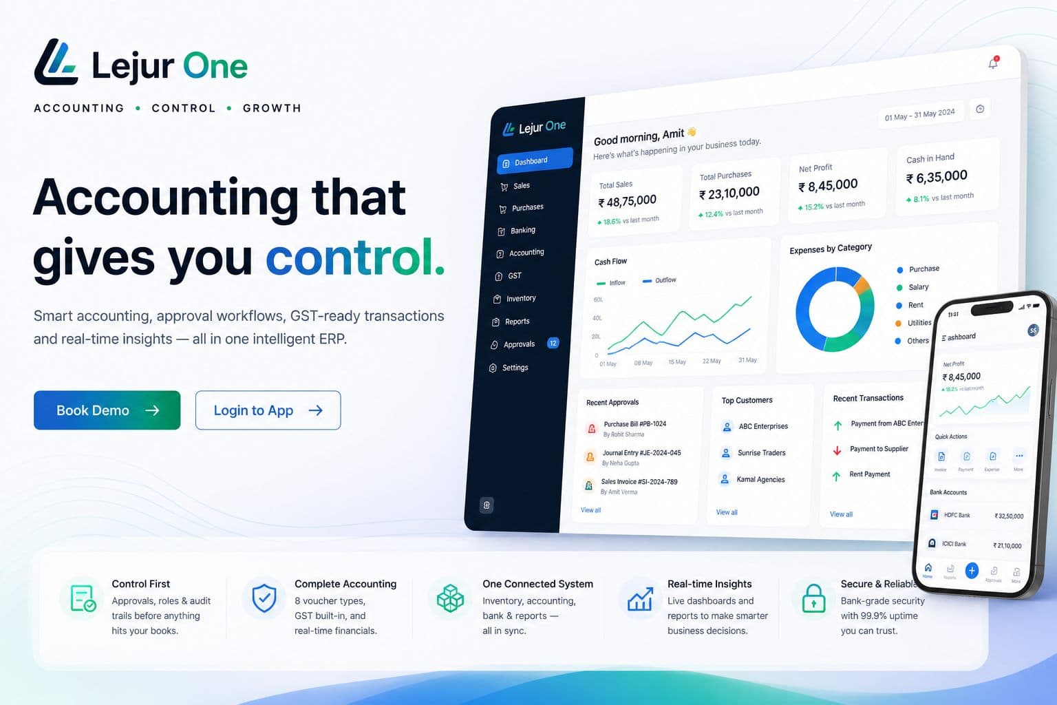 Lejur One accounting dashboard and mobile app preview showing approvals, reports, cash flow, and business controls